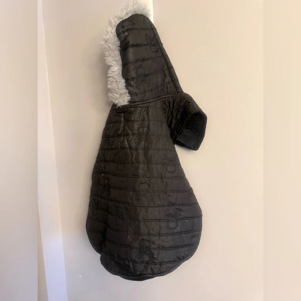 Top Paw Black Skull Dog Coat w/ Fur Trim Hood XL